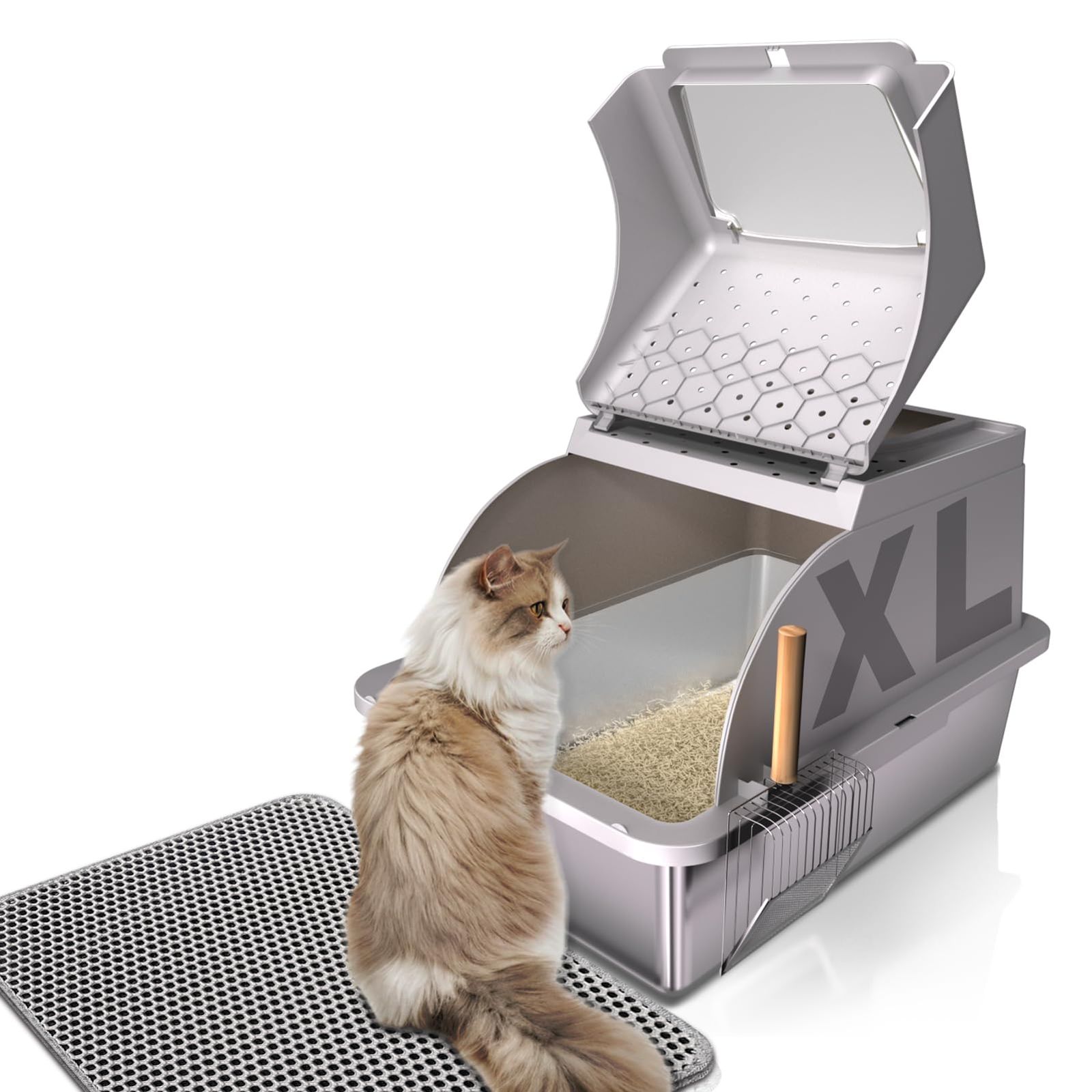数量 猫トイレ 大型 蓋付き ステンレス製 幅41×長62×高42 cm 2つ出入り口 猫 トイレ 猫砂マット付き XL 高い側面 漏れ防止 簡単掃除 ペットトイレ ネコのトイレ グレー