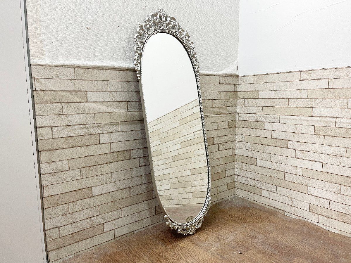 シャンブル Chambre Mirror 壁掛けミラー 鏡 オーバル型 姿見 全身 パール風 シルバー レリーフ アンティーク 高さ124.5 cm 畑1147