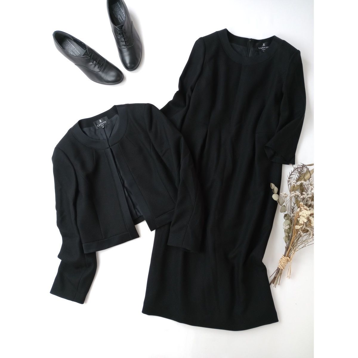 LANVIN NOIR ランバン ノワール 2P セットアップ ノー ジャケット ワンピース スーツ 36 S 黒 ブラック 104Y 5469 26A