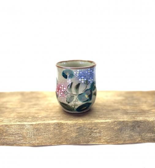 九谷焼 湯呑 湯飲み 小 がく紫陽花ピンク＆ブルー 裏絵