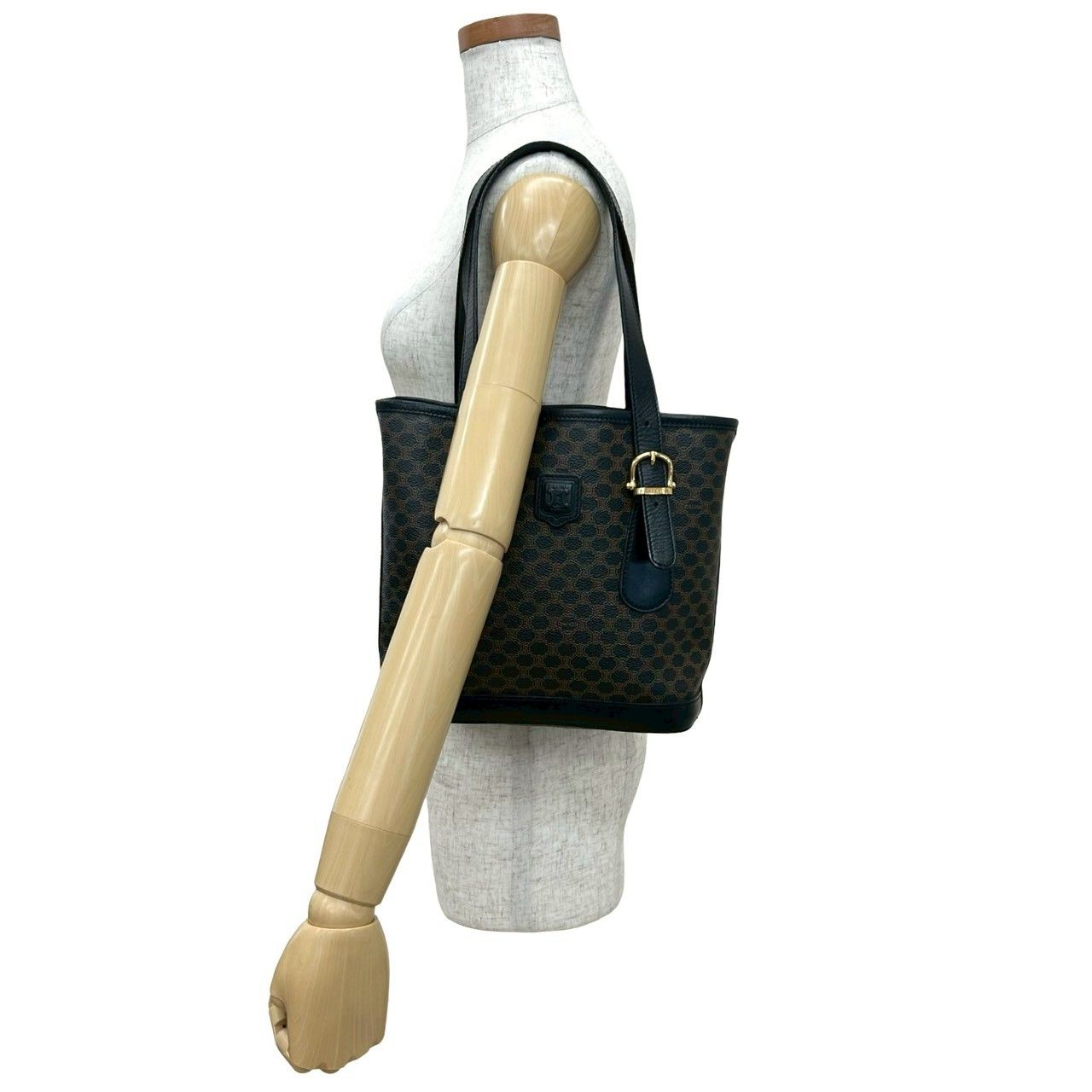 CELINE セリーヌ ヴィンテージ マカダム ブラゾン ロゴ 柄 レザー 本革 ミニ トートバッグ ハンドバッグ ブラック 30010