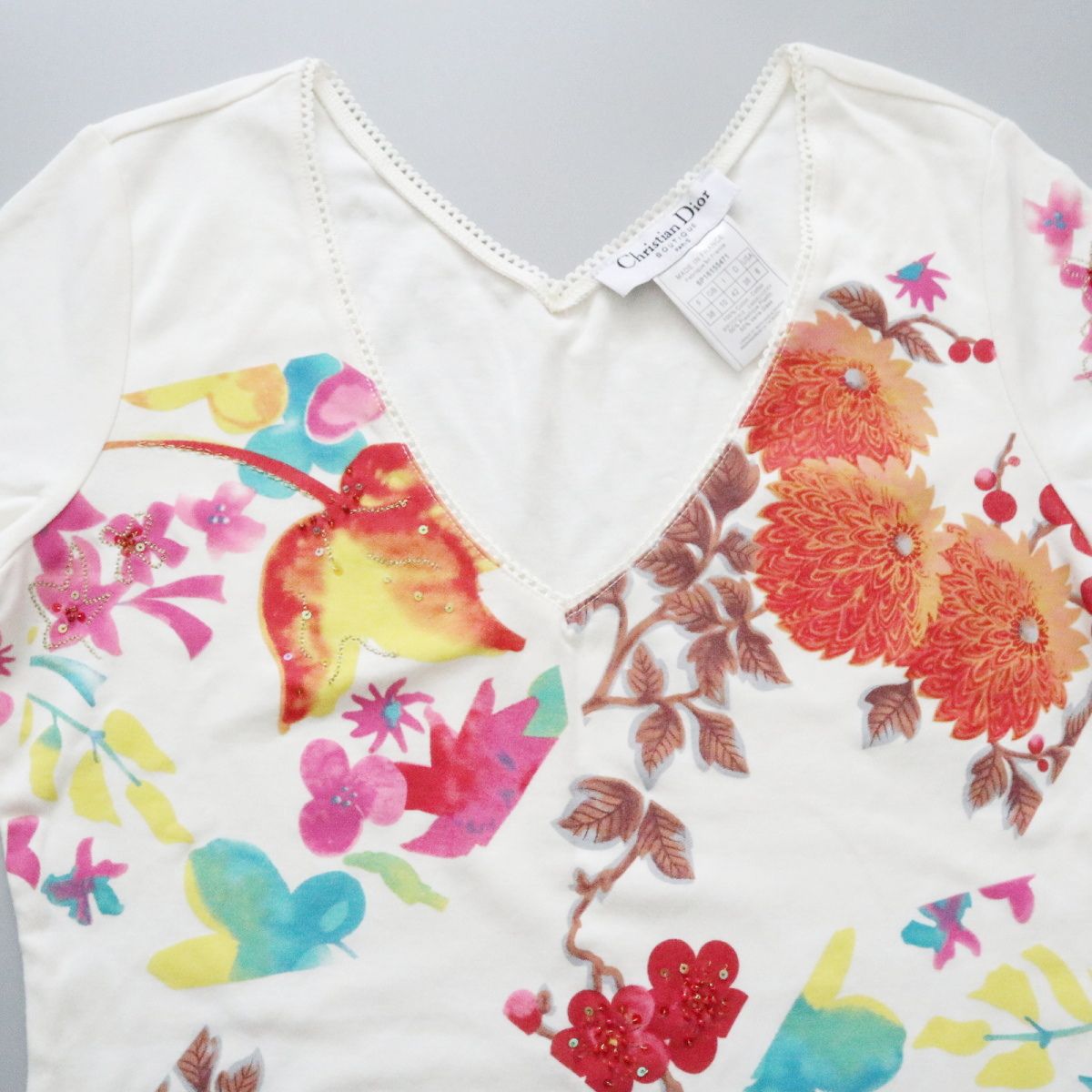 Christian Dior クリスチャンディオール フラワー柄 スパンコール ビーズ コットン 半袖 カットソー トップス F38 マルチ K11-k051