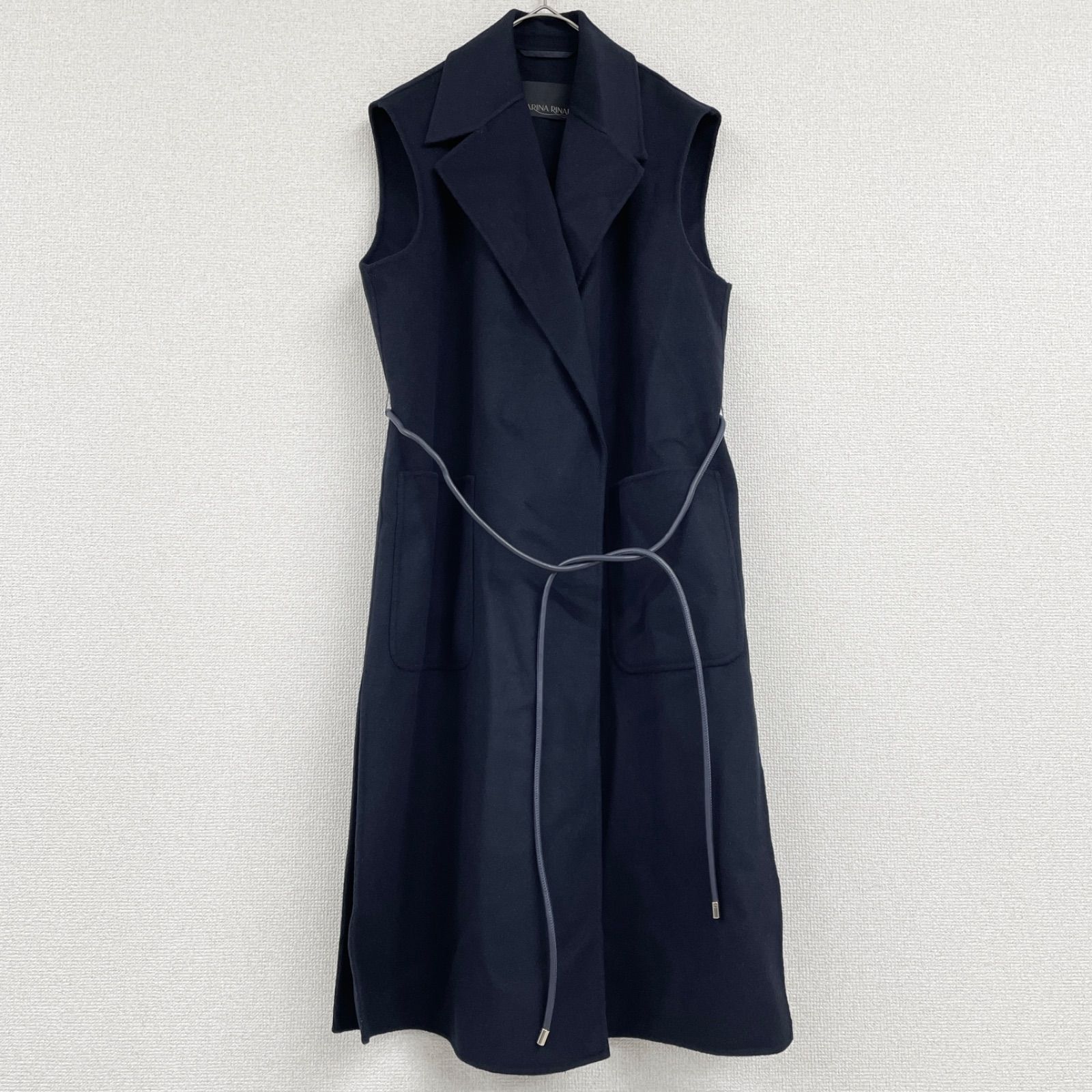 MARINA RINALDI マリナリナルディ クチートアマーノ ロングベスト コート ジレ ノースリーブ ダブルフェイス ベルト ウール ネイビー レディース 13号