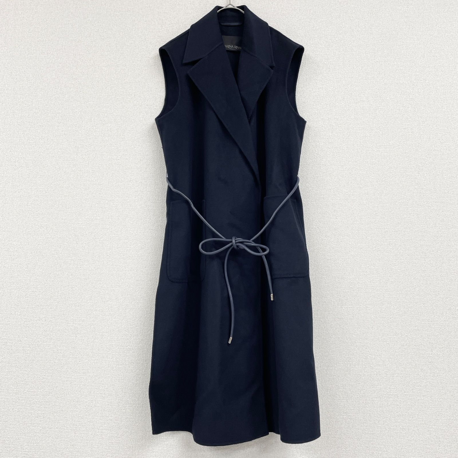 MARINA RINALDI マリナリナルディ クチートアマーノ ロングベスト コート ジレ ノースリーブ ダブルフェイス ベルト ウール ネイビー レディース 13号