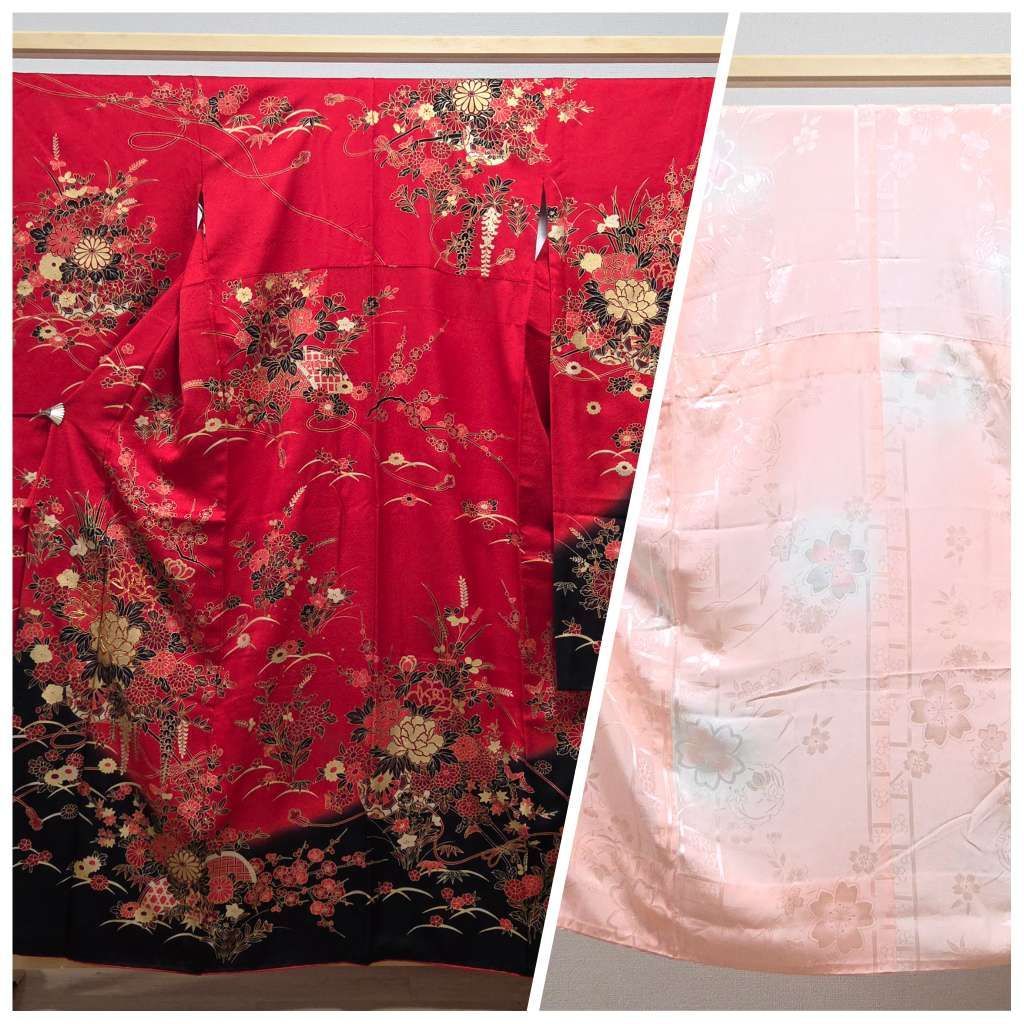 C 着物くつろぎ 振袖 襦袢セット 豪華な花模様 縮緬 金彩 金駒刺繍 赤 黒 牡丹 菊 桔梗 梅 萩 袷 正絹 成人式 着物