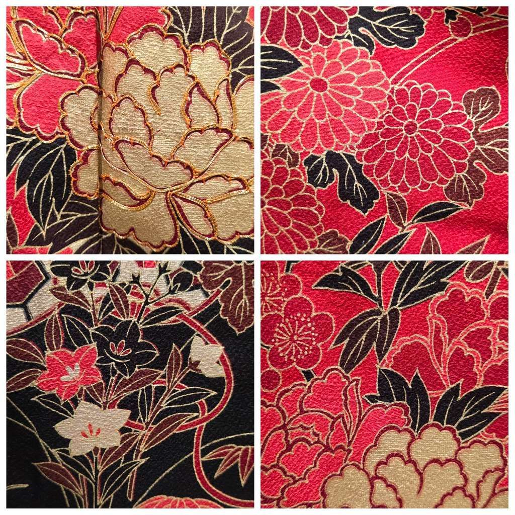 C◇着物くつろぎ 振袖・襦袢セット 豪華な花模様 縮緬 金彩 金駒刺繍