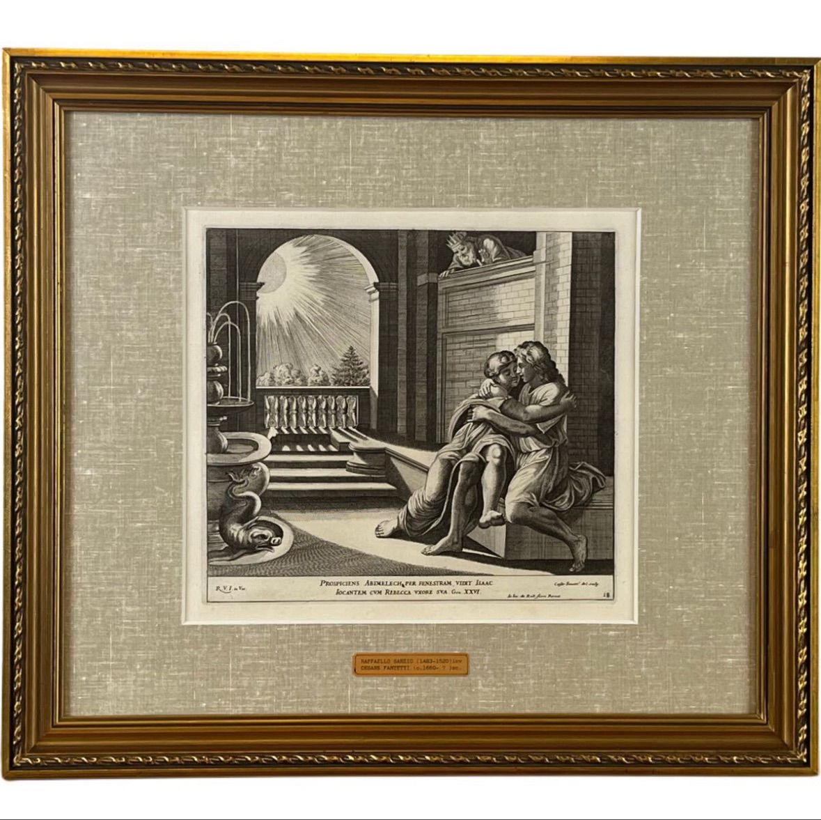 ラファエロ サンティ アビメレクはイサクがリベカを愛撫しているのを見る 銅版画 チェーザレ ファンテッティ 作