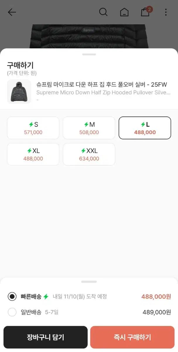 25FW シュプリーム 25FW マイクロ ダウン ハーフ ジップアップ フード シルバー L