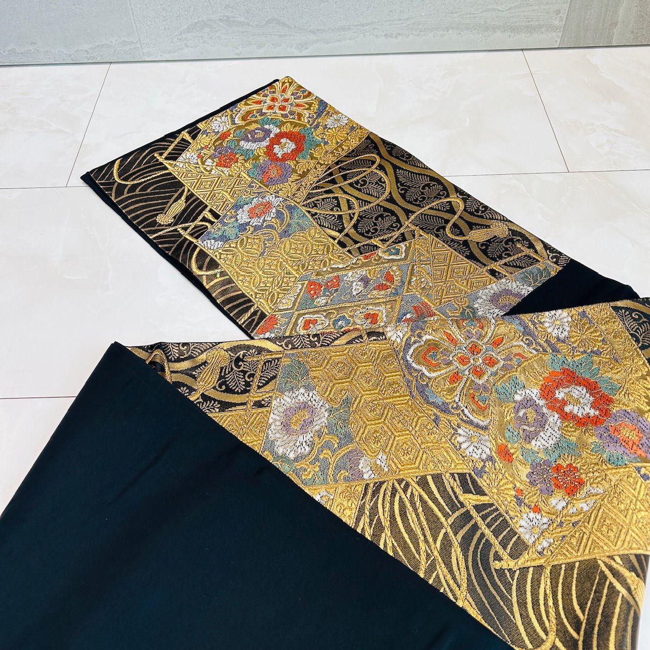  着物 帯 セット 振袖 ピンク系 花 袋帯 紺系 華やか 品 着物少しシミあり 管理番号 振袖 着物