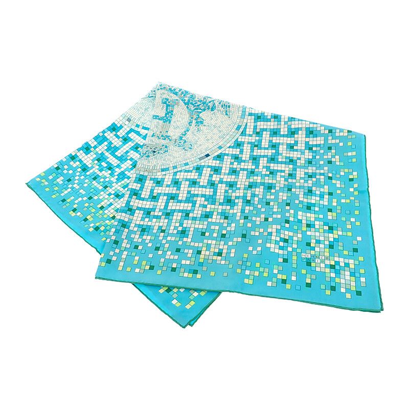 エルメス HERMES カレ90 スカーフ シルク グリーン ブルー レディース Aランク