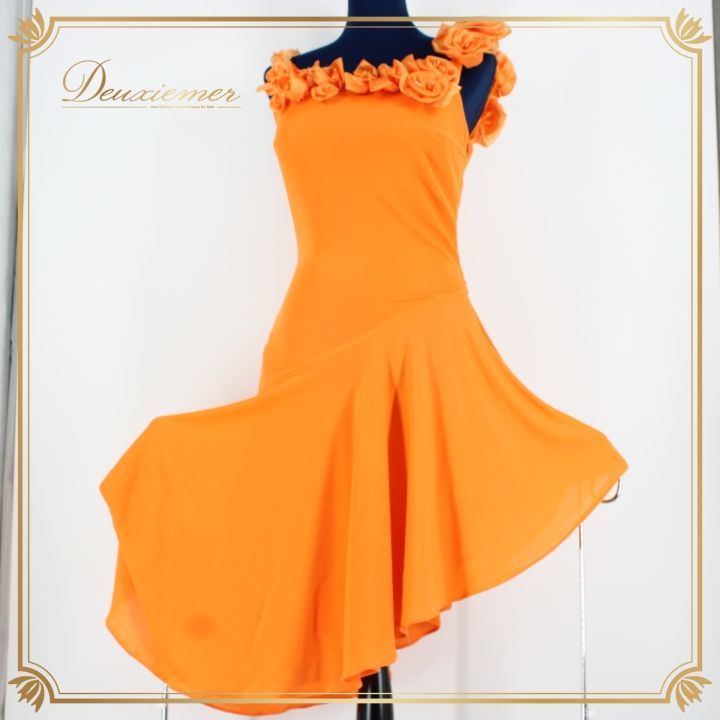 社交ダンス 衣装 ラテン ドレス ワンピース パーティ衣装 女性用 レディース オールシーズン create-sun クリエイトサン オレンジ系 無地 シンプル アシンメトリー 鮮やか ドレス レディースウエア 着用感良好 ファッション モダンダンス