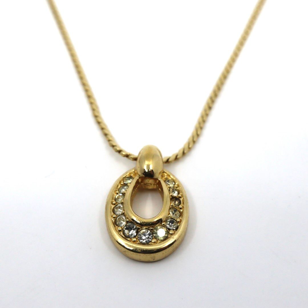 Christian Dior クリスチャンディオール ラインストーン ホースシュー サークル ネックレス ゴールド GP ペンダント ヴィンテージジュエリー レディース I 4