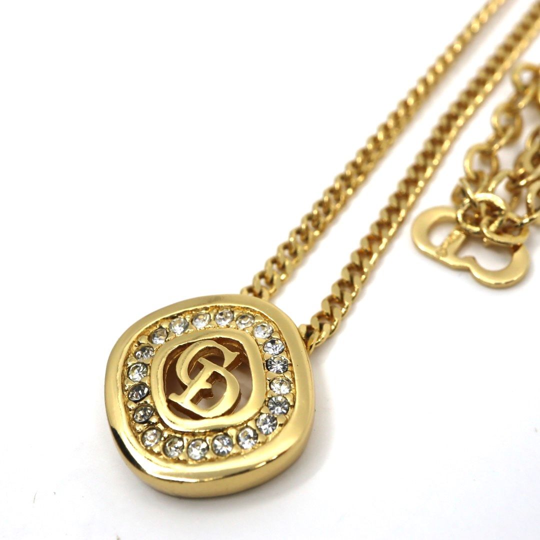 Christian Dior クリスチャンディオール ラインストーン CDロゴ ネックレス ゴールド GP ペンダント ヴィンテージジュエリー レディース I4