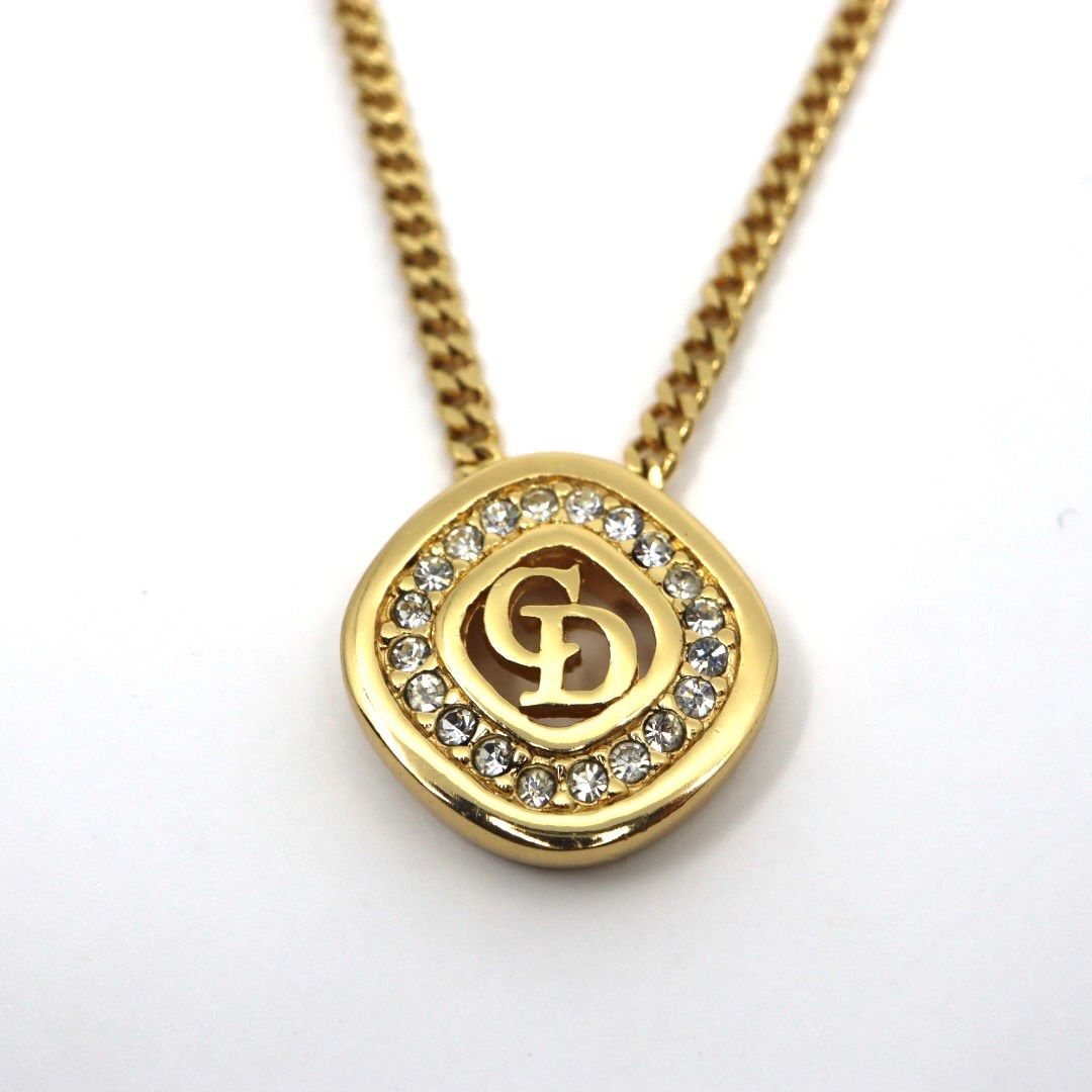 Christian Dior クリスチャンディオール ラインストーン CDロゴ ネックレス ゴールド GP ペンダント ヴィンテージジュエリー レディース I 4