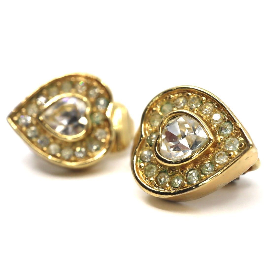 Christian Dior クリスチャンディオール ハートモチーフ ラインストーン クリスタル イヤリング ゴールド GP ヴィンテージジュエリー レディース I4