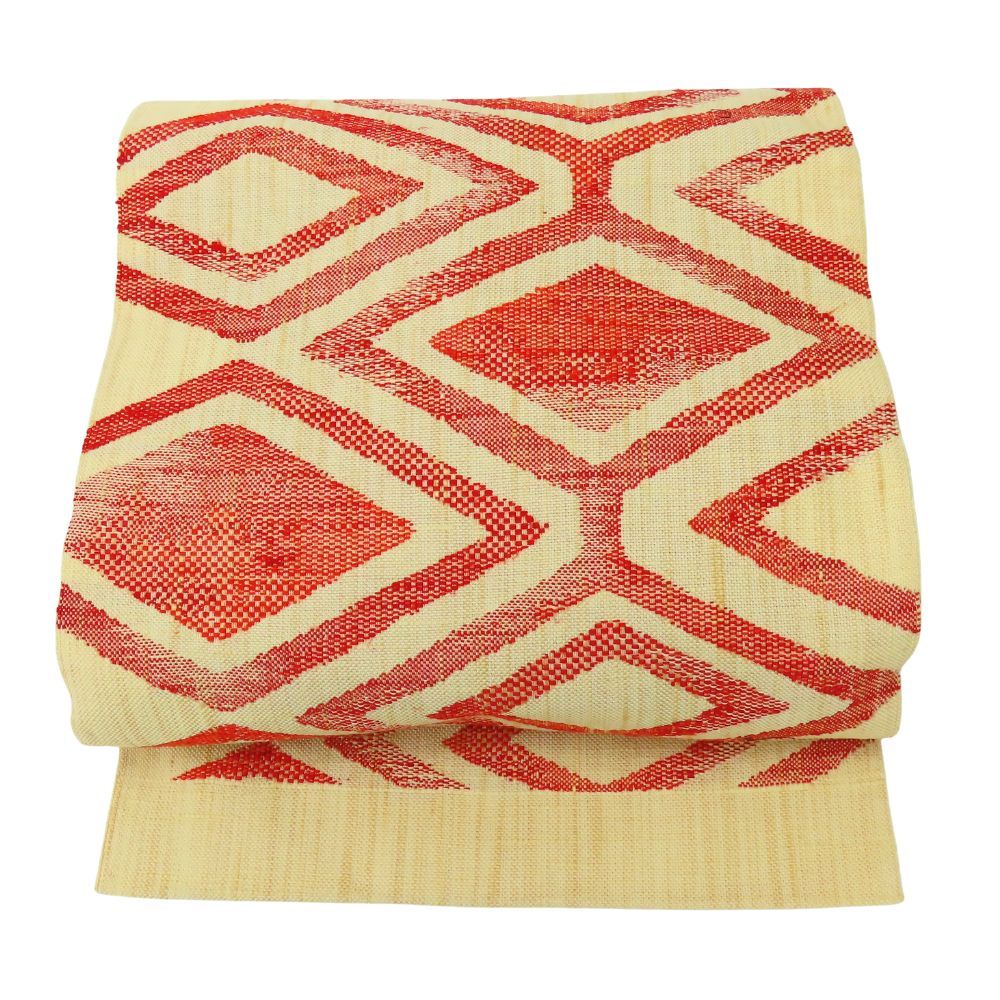 名古屋帯 紬 八寸 正絹 金銀糸除く 生成り系 レッド 名古屋仕立て カジュアル お洒落 和装 呉服 和服 きもの レディース 女性