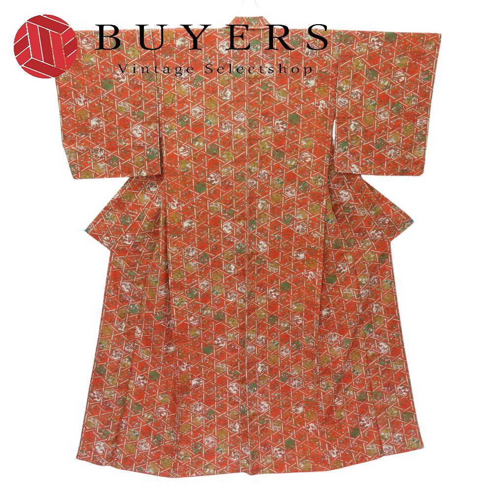 小紋 正絹 朱色 和装 呉服 和服 きもの レディース 女性