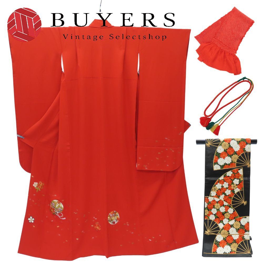振袖 5点セット 十三参り 正絹 金銀糸除く レッド 刺繍 和装 呉服 和服 きもの レディース 女性