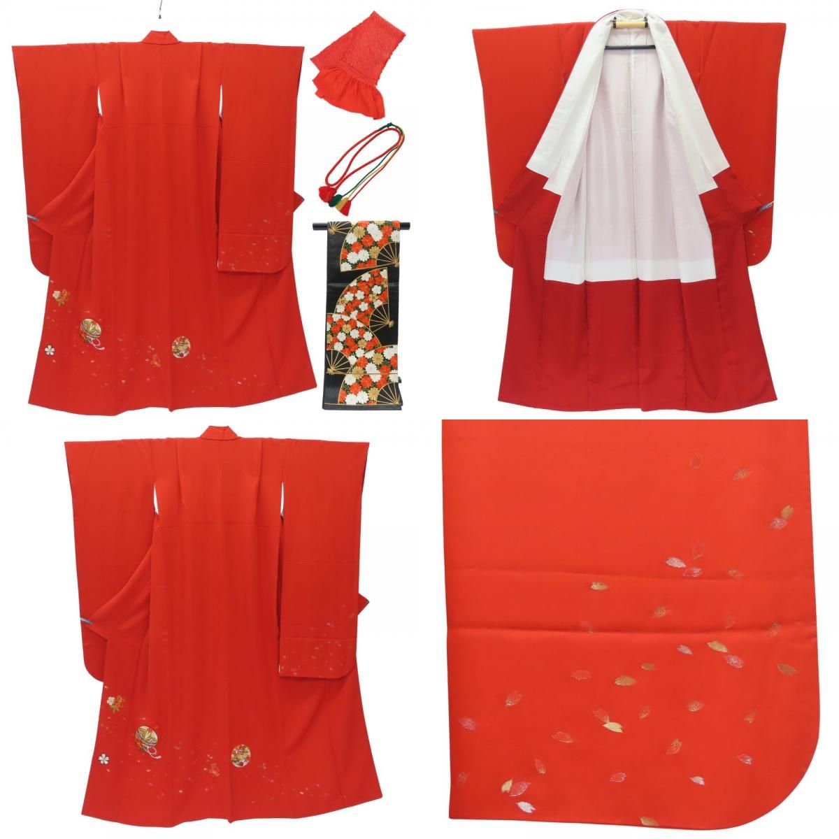 振袖 5点セット 十三参り 正絹 金銀糸除く レッド 刺繍 和装 呉服 和服 きもの レディース 女性
