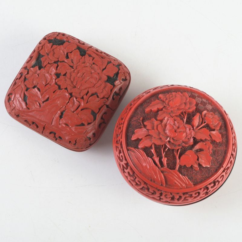 中国　剔紅　堆朱　花文　香合　2点　C　4901 中国剔紅堆朱花文香合2点C4901