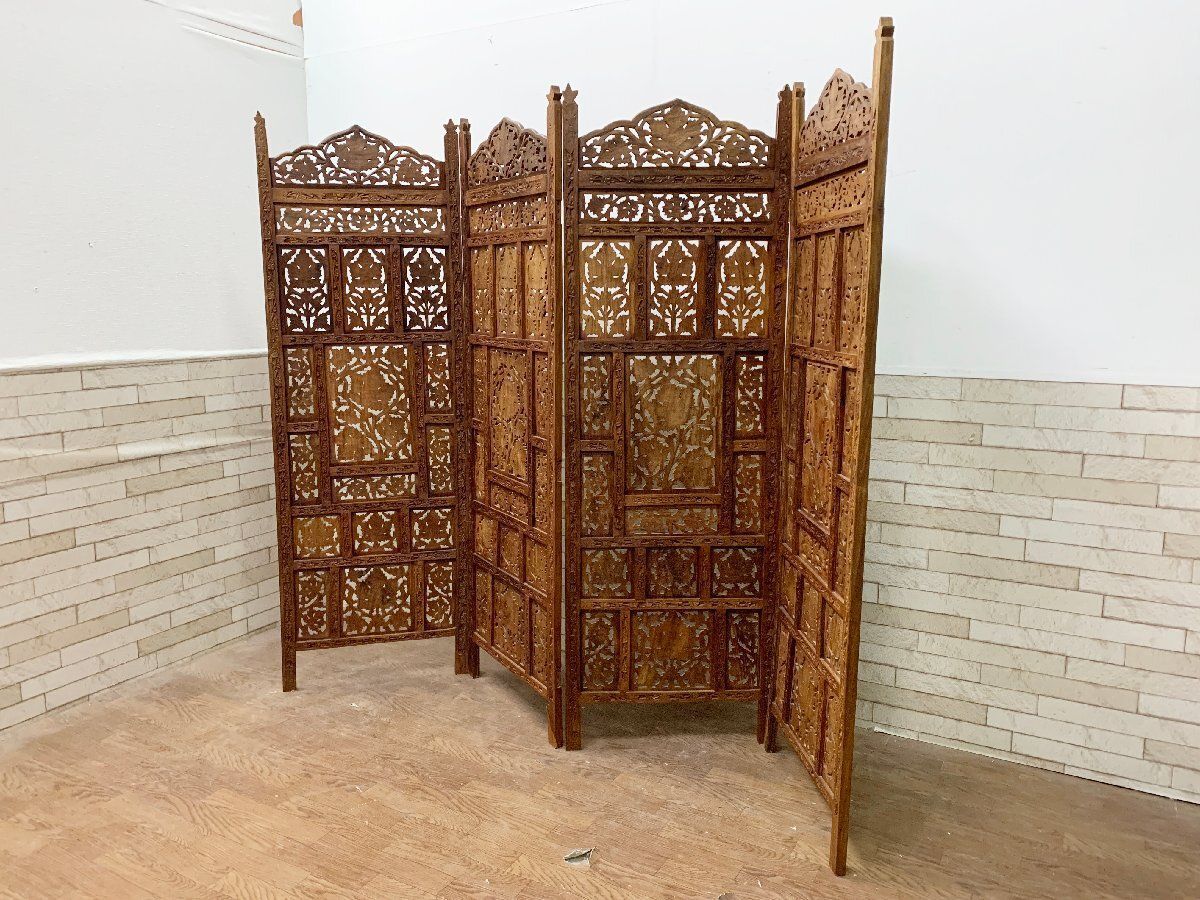 ◇アジアン家具 パーテーション 透かし彫り 4連 衝立 屏風