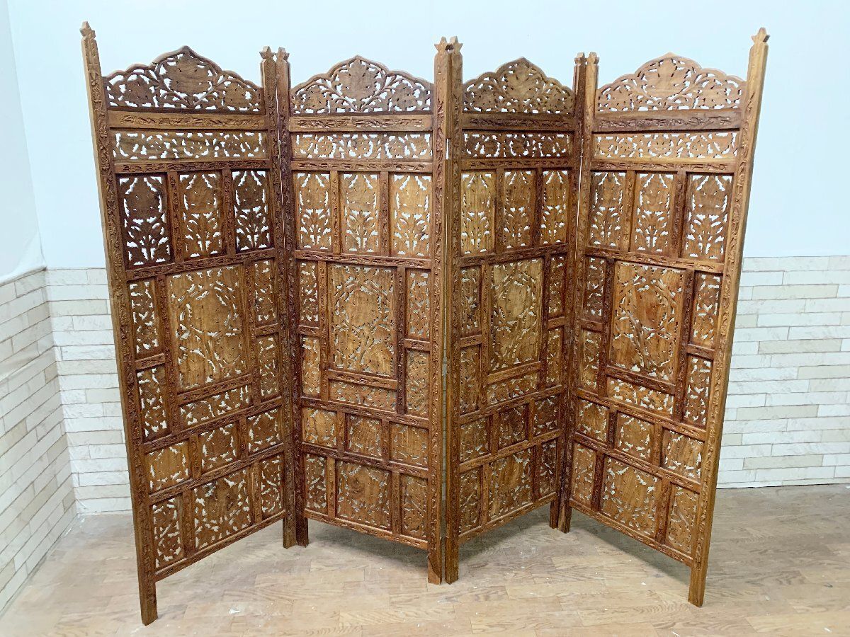 アジアンレトロ 装飾彫り 透かし彫り 木製 4連パーテーション 間仕切り