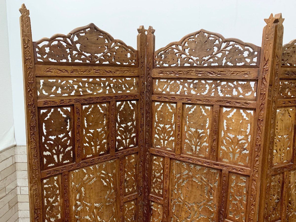 ◇アジアン家具 パーテーション 透かし彫り 4連 衝立 屏風