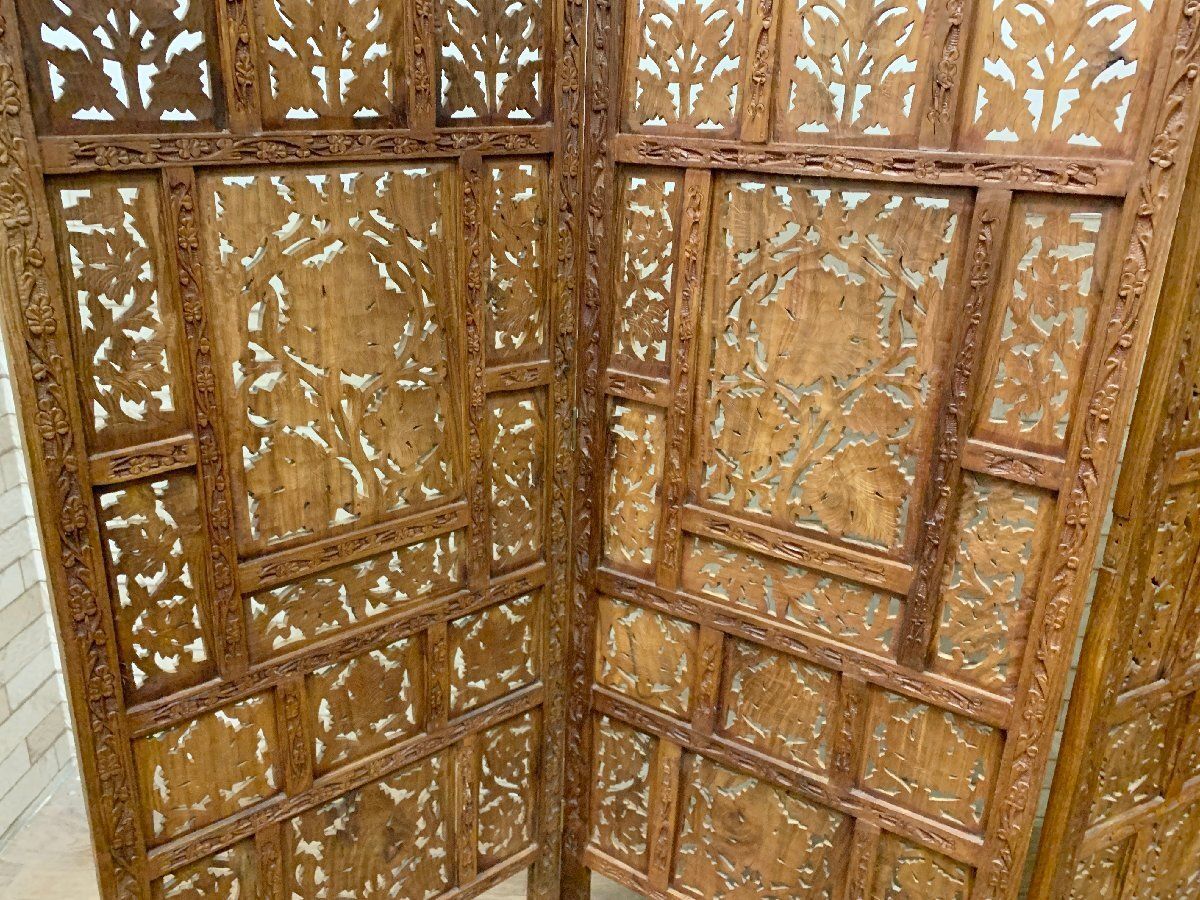 ◇アジアン家具 パーテーション 透かし彫り 4連 衝立 屏風