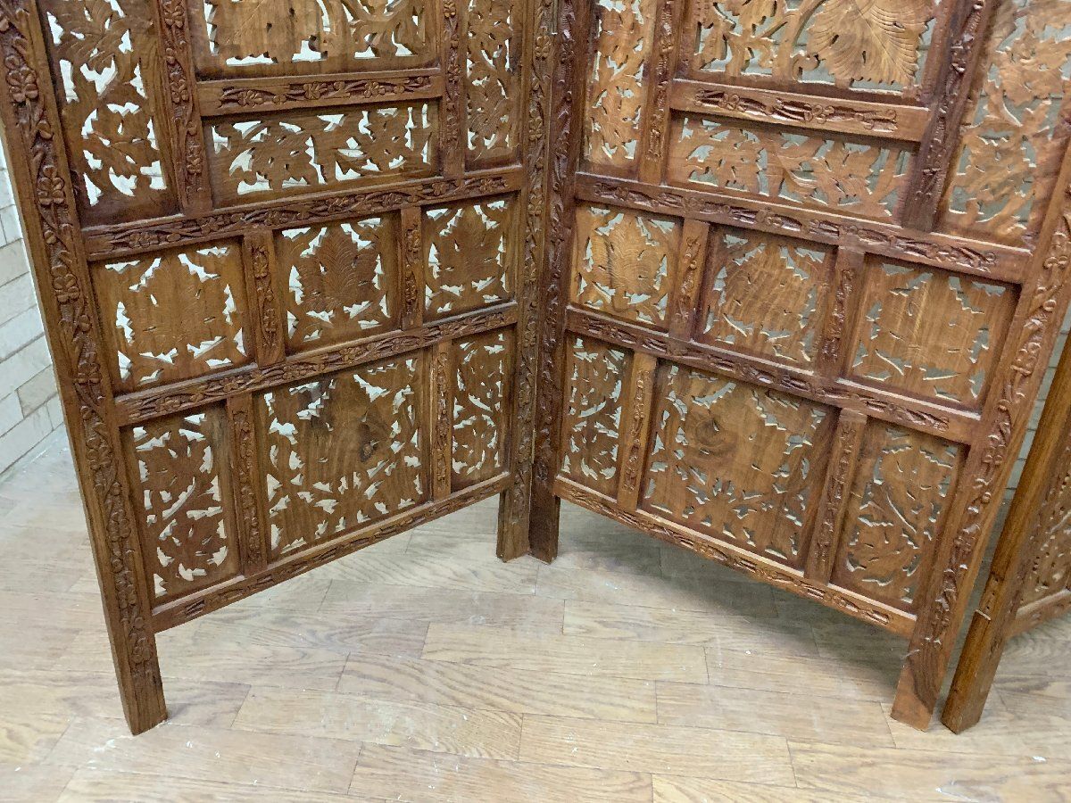 ◇アジアン家具 パーテーション 透かし彫り 4連 衝立 屏風