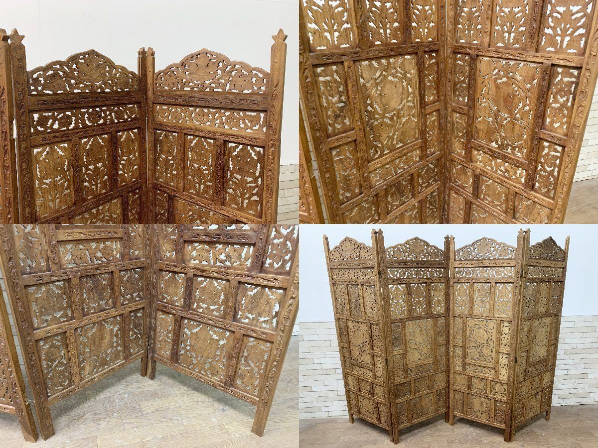 ◇アジアン家具 パーテーション 透かし彫り 4連 衝立 屏風