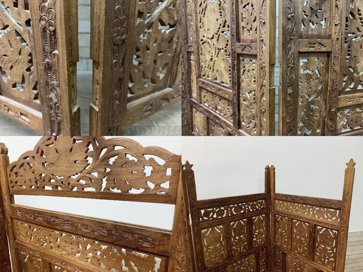 ◇アジアン家具 パーテーション 透かし彫り 4連 衝立 屏風