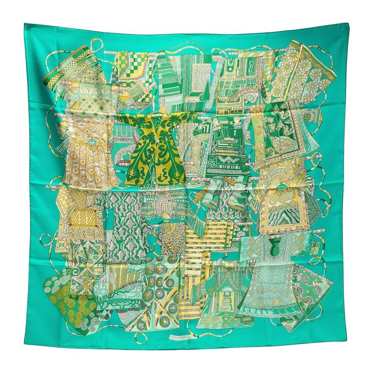 HERMES エルメス カレ90 VOYAGE EN ETOFFES 世界の布地を巡る旅 スカーフ グリーン シルク