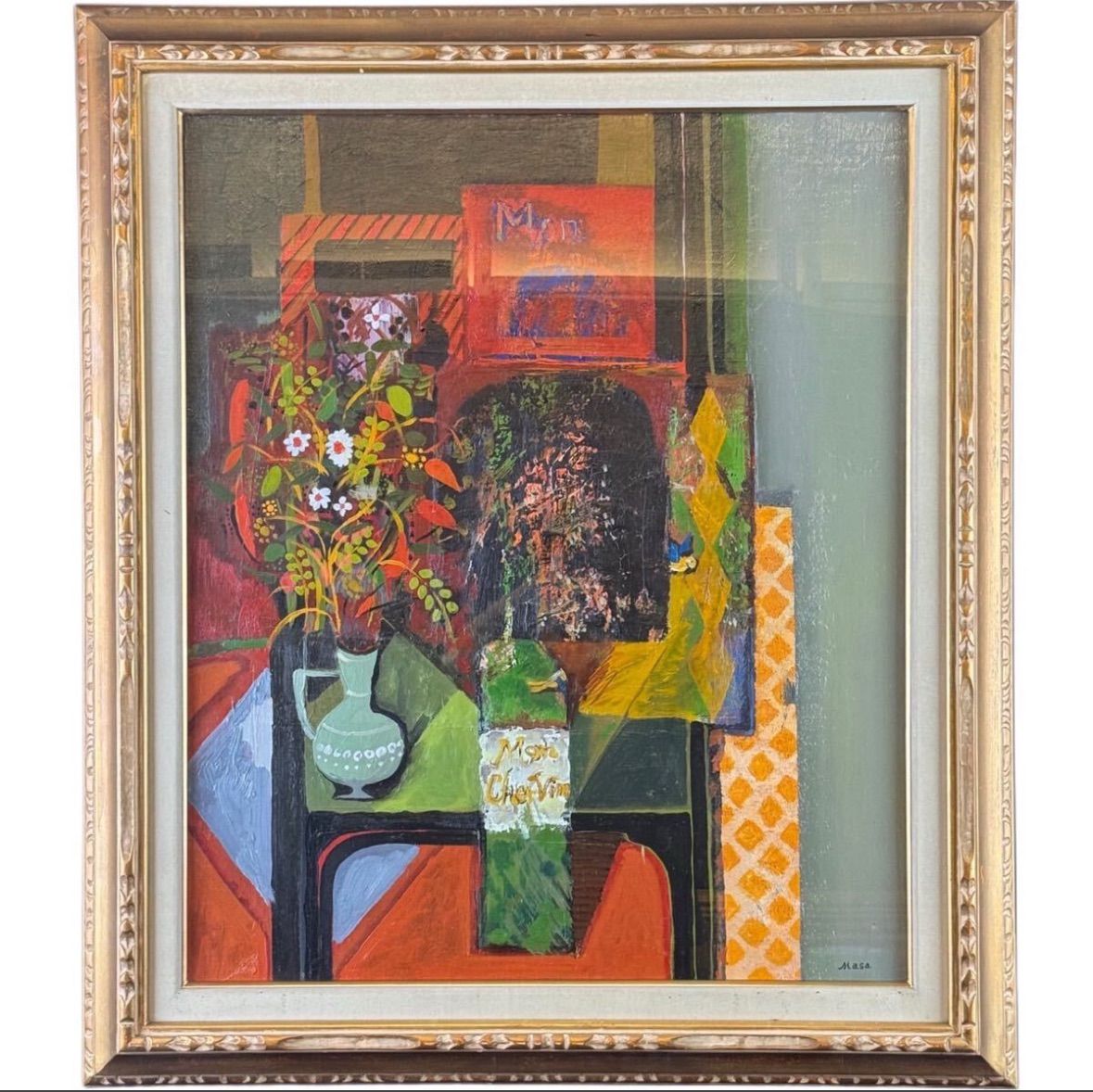 山本正英 花とVin 油彩 20号 大作 静物 1977年制作 直筆サイン で個展多数 日本美術家連盟会員 名古屋造形大教授