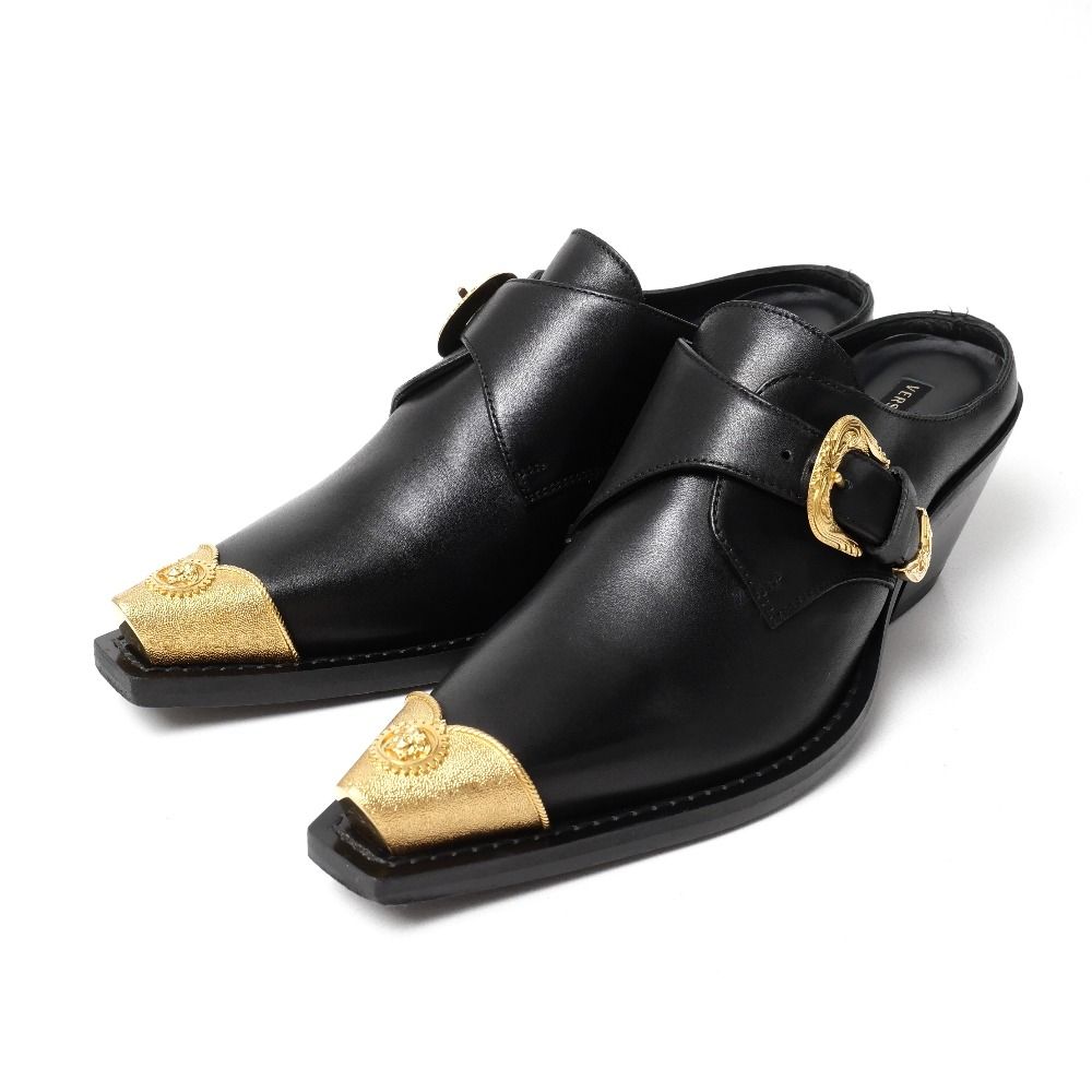 VERSACE ヴェルサーチ ミュール サイズ37 メデューサ ベルテッド チャンキーヒール クロッグ レザー 靴 ブランド古着 RA 6322