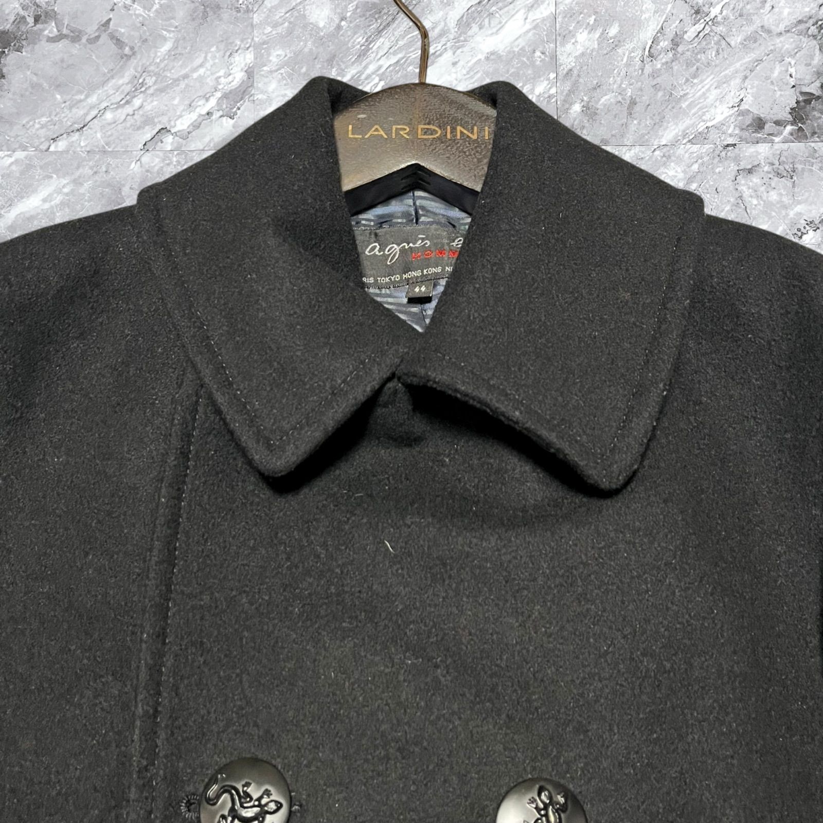 【美品】agnès b. HOMME ピーコート ブラック 裏地チェック L 極美品 agnes b. HOMME アニエスベーオム ピーコート ウール カシミヤ