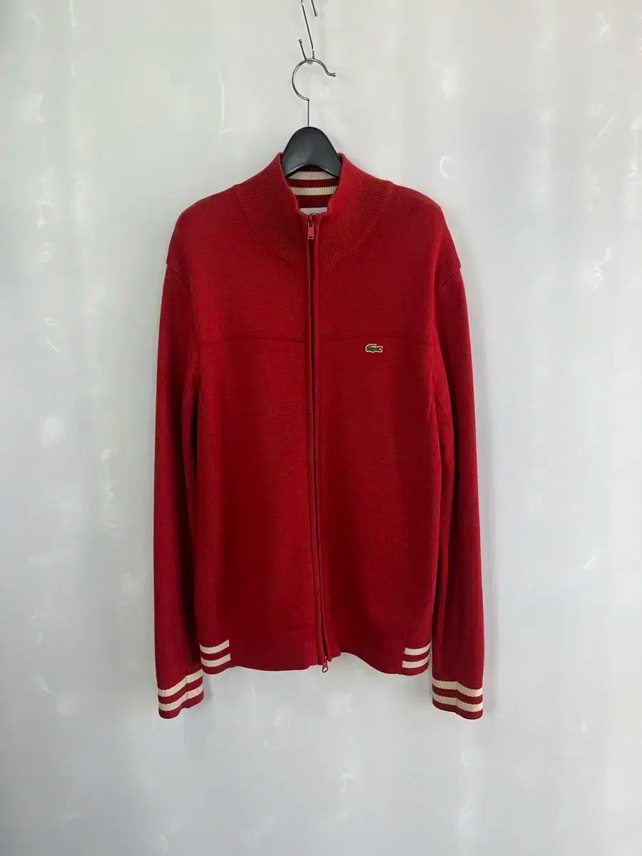 ラコステ レッド ニット ジップアップ カーディガン ウール 105サイズ
