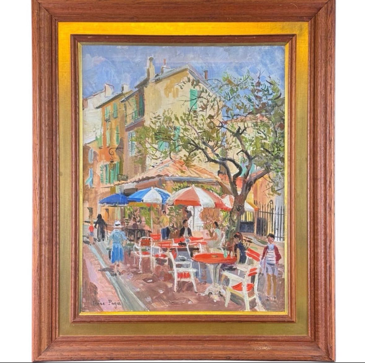 イレーヌ パジェス Irene Pages テラス 油彩 P 15号 大作 風景 直筆サイン 高島屋取扱シール フランス出身 実 家