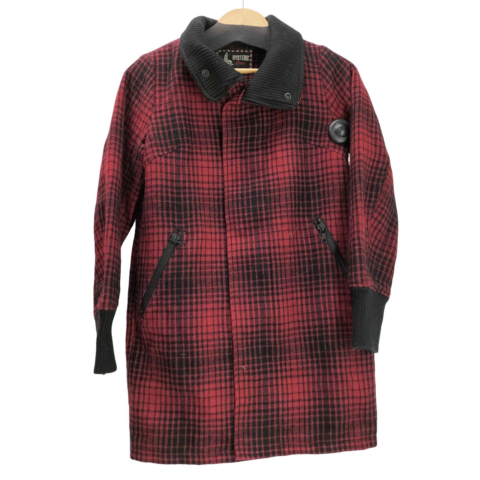 ヒステリックグラマー HYSTERIC GLAMOUR 00S Y2K ヒスガール クロスボーン 刺繍タグ 裏地キルティング コットン ウール チェック ハイネック コート 中綿 レディース