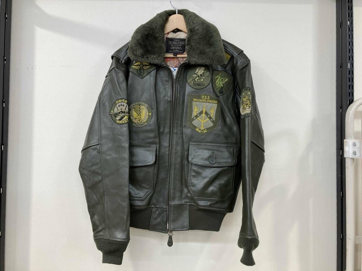 TOPGUN U S NAVYフライトジャケット レザー ワッペン ファー A 2 G 1 サイズS オリーブ カーキ ミリタリー 30 SM 21241