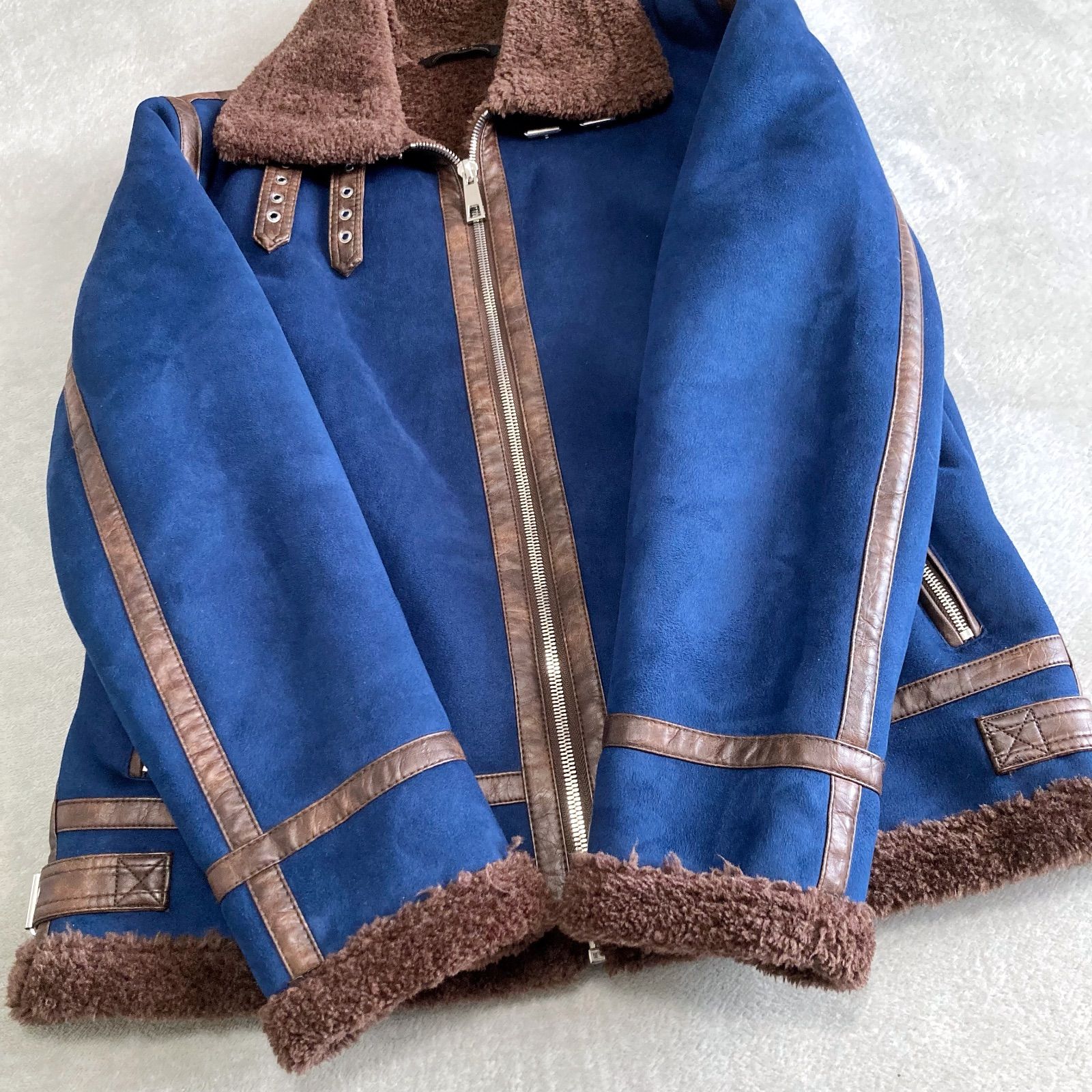 美品 ZARA フェイクムートン フライトジャケット ボア ブルー XL相当
