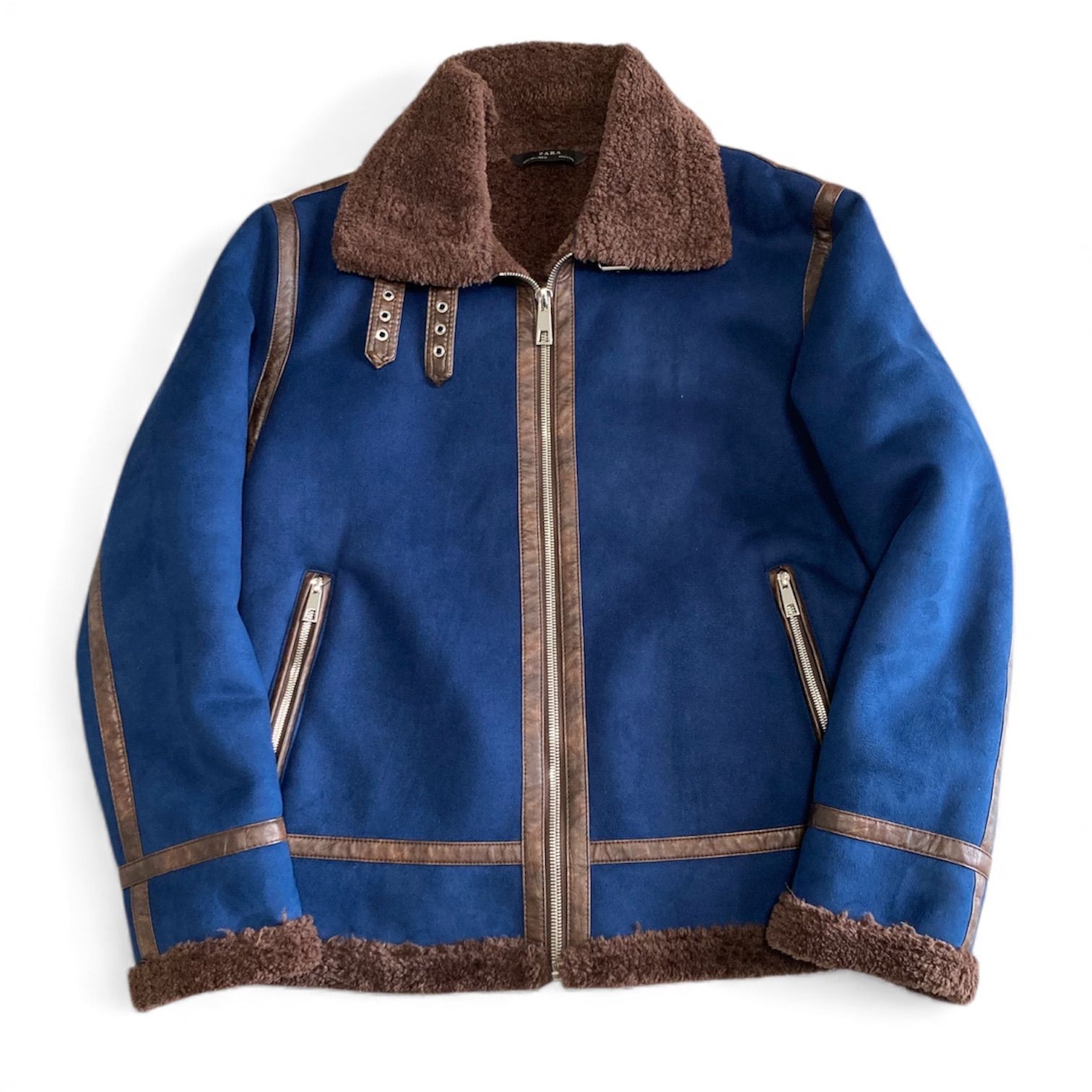 ZARA フェイクムートン フライトジャケット ボア ブルー XL相当