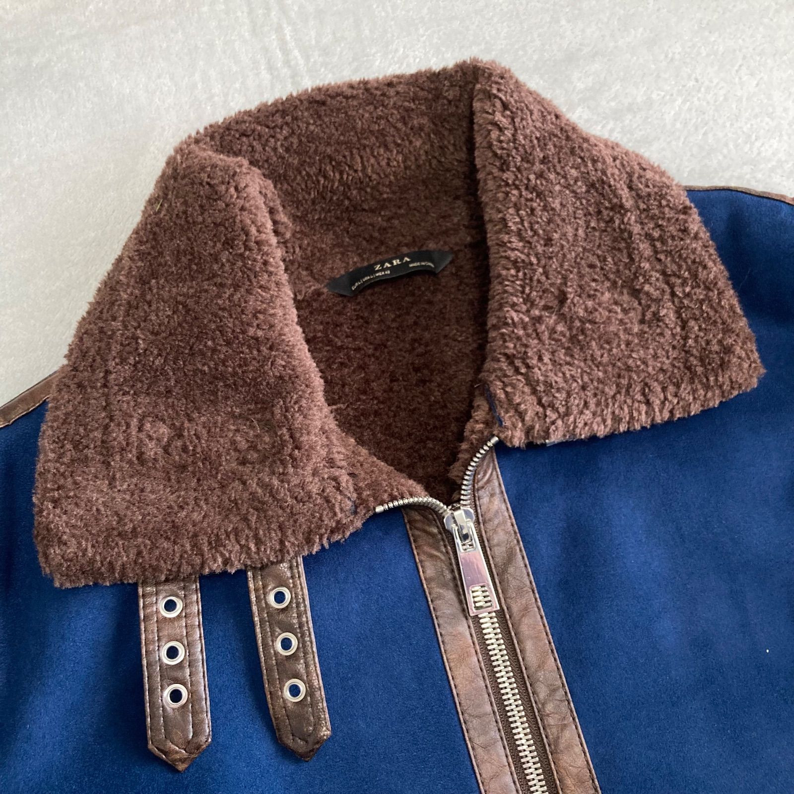 か 美品✨ZARA ザラフェイクムートン フライトジャケット Mサイズ相当 美品 ZARA フェイクムートン フライトジャケット ボア ブルー XL相当