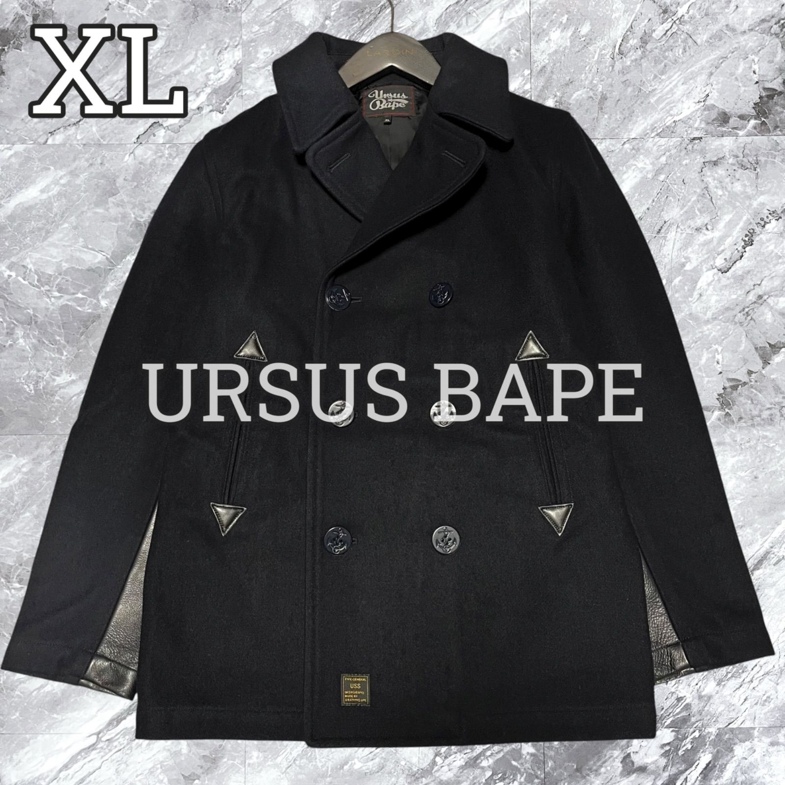 大きいサイズ URSUS BAPE アーサスベイプ A BATHING APE アベイシングエイプ ピーコート ウール レザー 本革 牛革 切り替え ダブルブレスト ネイビー 紺色 サイズXL