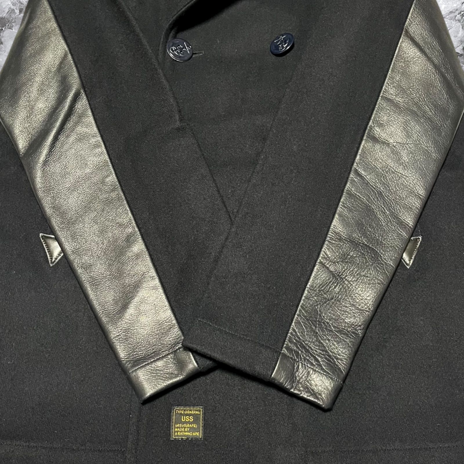 まとめ売り 大きいサイズ URSUS BAPE アーサスベイプ A BATHING APE アベイシングエイプ ピーコート ウール レザー 本革 牛革 切り替え ダブルブレスト ネイビー 紺色 サイズXL