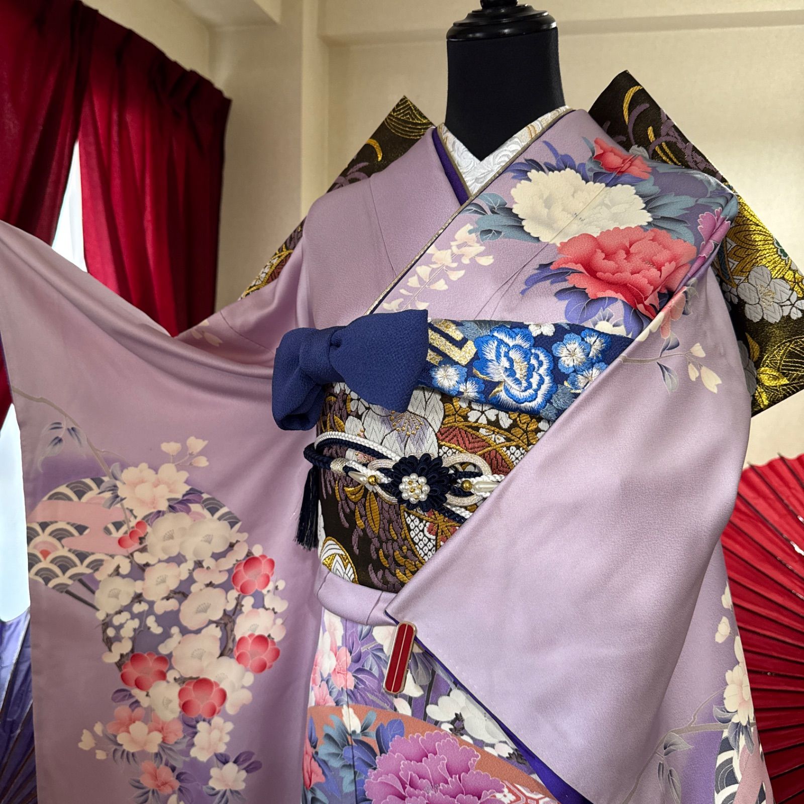 正絹 豪華 振袖フルセット 7点 藤色 古典柄 紫FS 042