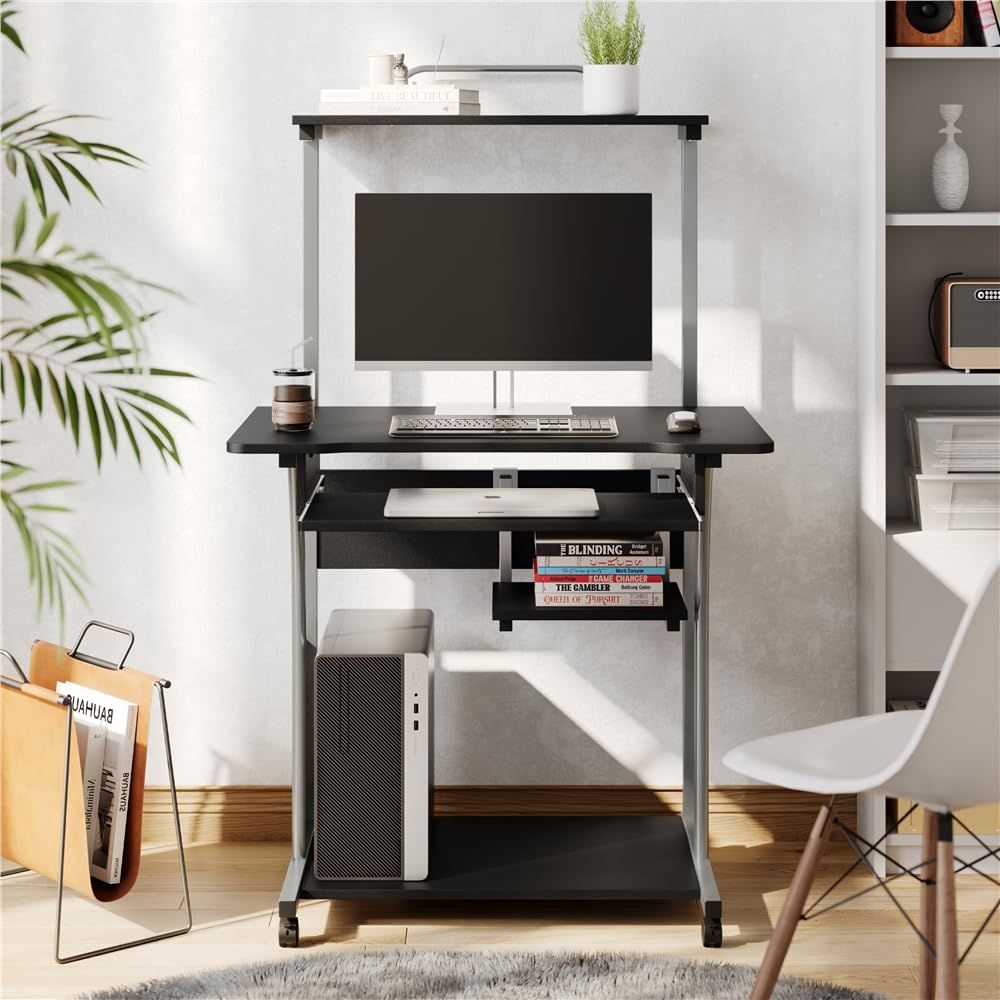 Yaheetech パソコンデスク パソコンラック 幅80cm キャスター付き 三段 収納スペース 引き出しあり モニターアーム対応 机 PCデスク 子 在宅ワーク サイドテーブル 組立簡単 ブラック