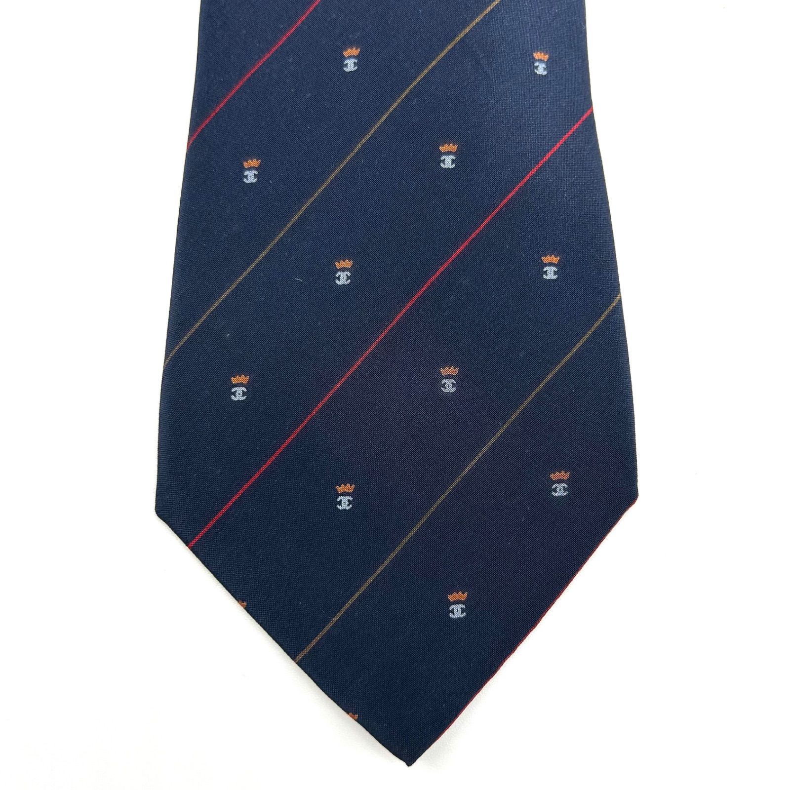 美品 シャネル ネクタイ シルク ストライプ ココマーク ロゴ 黒 水色 美品】CHANEL シャネル ココマーク ストライプ ネクタイ シルク100