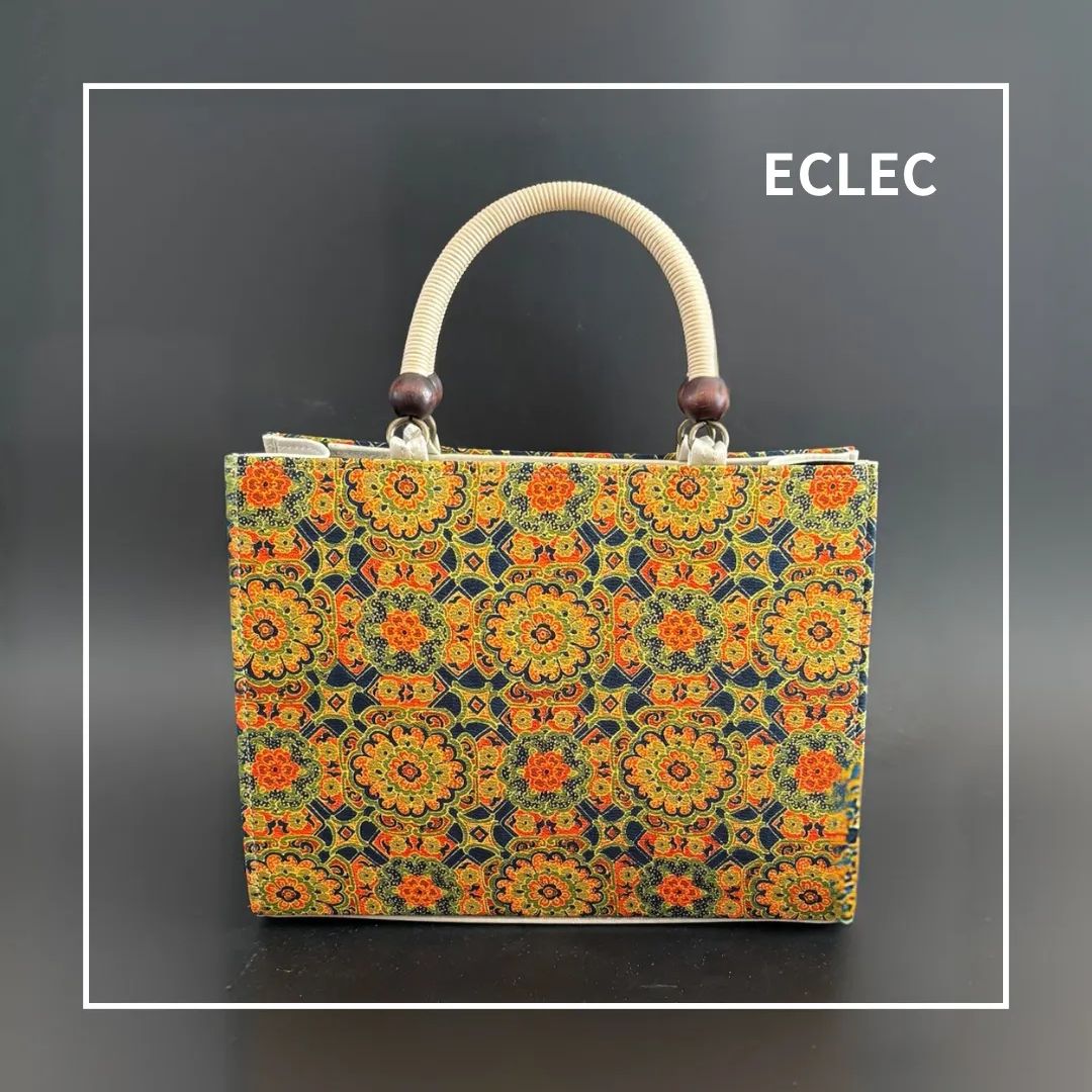 紅型風レトロ生地×ベージュサテン 和装バック ハンドバッグ