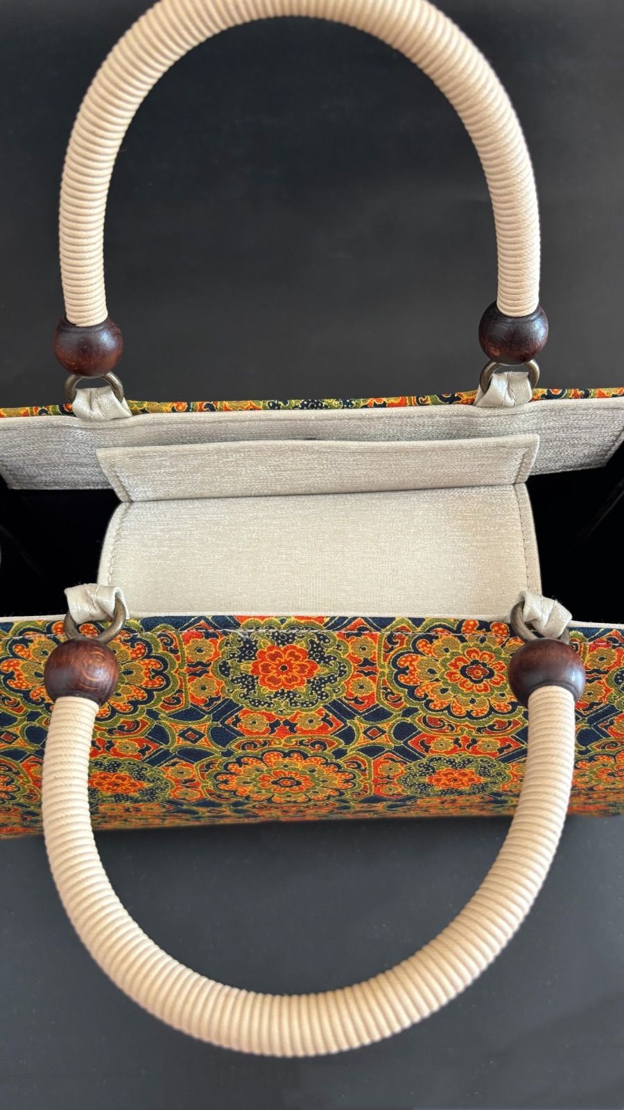 紅型風レトロ生地×ベージュサテン 和装バック