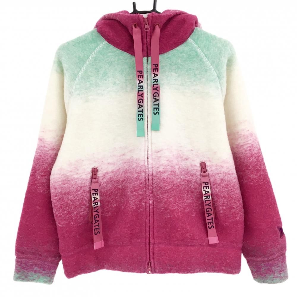 超 パーリーゲイツ ボアジップパーカー 白×ピンク×ライトグリーン レディース 0 S ゴルフウェア モデル PEARLY GATES